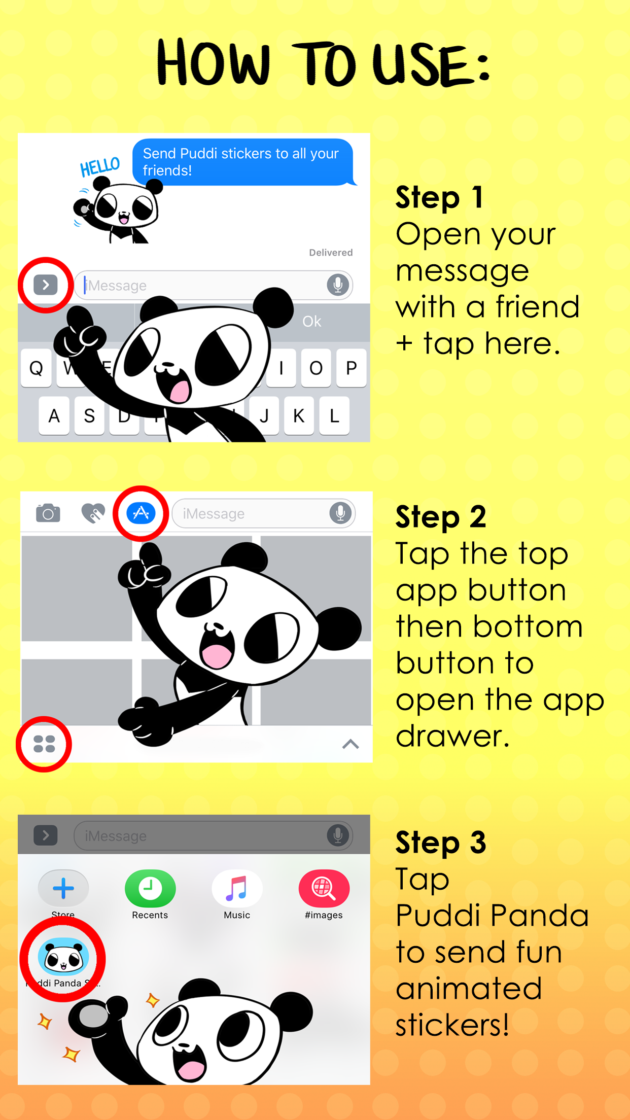 Animated Puddi 
						Panda Stickers screenshot. How to use animated Puddi Panda stickers in iMessage.